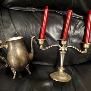 Vintage teapot and candle stick holder